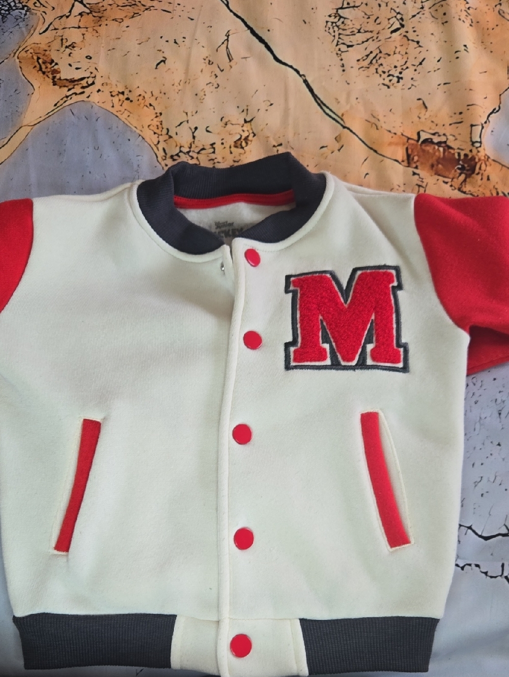 Disney Mickey Toddler Jacket - Cream Body with Red Trim and Black Print